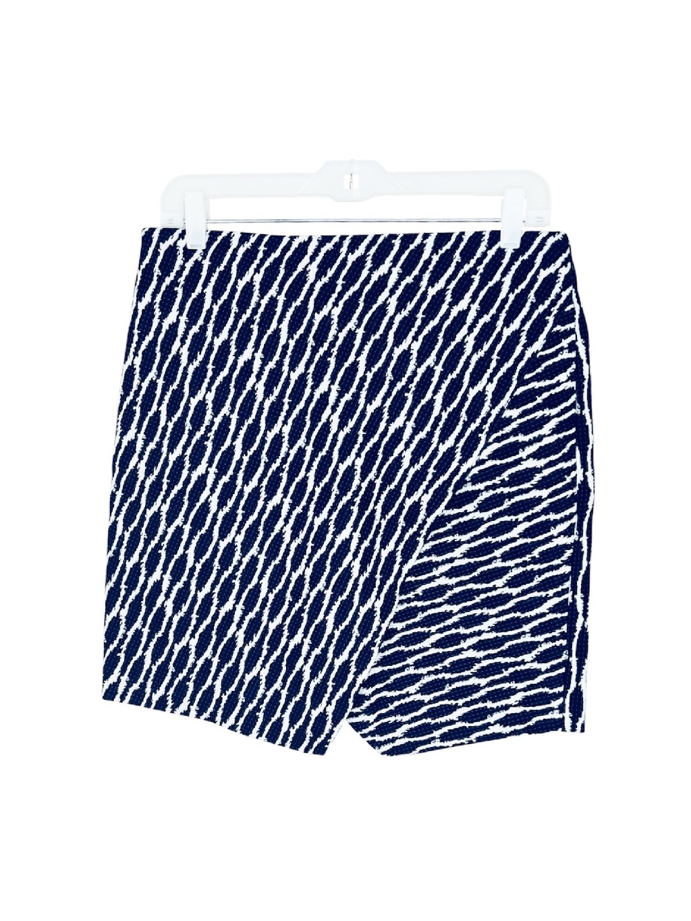 Ann Taylor LOFT Faux Wrap Skirt Medium Navy White Jacquard Mini Ikat Career Work